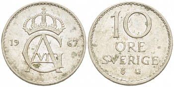 Швеция 10 эре 1967 U, Густав VI Адольф (1950-1973) KM 835 медно-никель 3955-326
