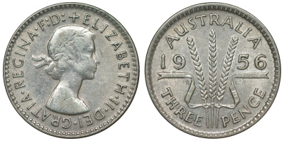 Австралия 3 пенса 1956 m, Елизавета II (1952-2022) KM 57 серебро 71-452