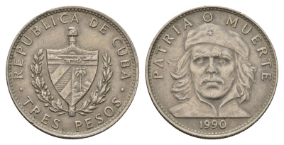 Куба 3 песо 1990 Эрнесто Че Гевара KM 346, JMA 98, Schoen C34 медно-никель 4703-416