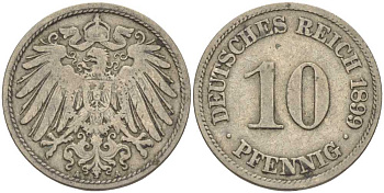 ГЕРМАНИЯ 10 ПФЕННИГОВ 1899 A KM 12, J. 13 медно-никель 4401-1116