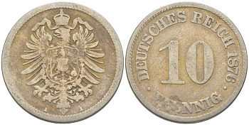 Германия 10 пфеннигов 1876 A, старогербовка KM 4, Jager 4, Weege 7 медно-никель 210-623