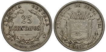 Коста-Рика 25 сентимо 1893 KM 130 серебро 272-925