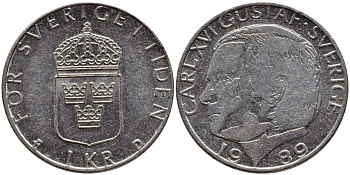 Швеция 1 крона 1989 Карл XVI Густав (1973- ) KM 852a медно-никель 4397-1237
