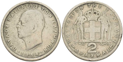 Греция 2 драхмы 1954 Павел I (1947-1964) KM 82 медно-никель 210-925
