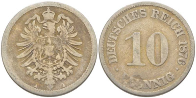 Германия 10 пфеннигов 1876 A, старогербовка KM 4, Jager 4, Weege 7 медно-никель 210-623