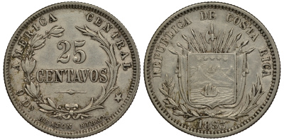 Коста-Рика 25 сентимо 1893 KM 130 серебро 272-925