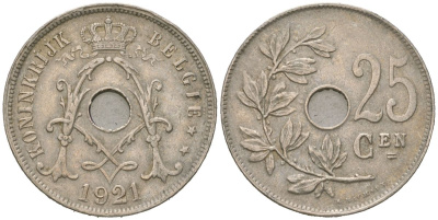 Бельгия 25 сантимов 1921 Belgie, Альберт I (1909-1934) KM 69 медно-никель 113-425