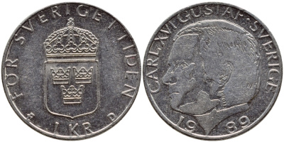 Швеция 1 крона 1989 Карл XVI Густав (1973- ) KM 852a медно-никель 4397-1237