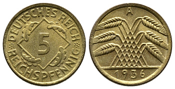 ГЕРМАНИЯ 5 РЕЙХСПФЕННИГОВ 1936 A, KM 39, J. 316 алюминиевая бронза 4380-1038