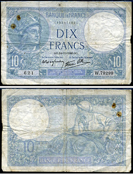 Франция 10 франков 1940 Pick 84 бумага 7457-21-1-2