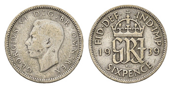 Великобритания 6 пенсов 1939 Георг VI (1936-1952) KM 852, Spink 4084 серебро 4644-1029