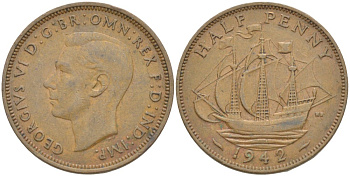 Великобритания 1/2 пенни 1942 Георг VI (1936-1952) KM 844, Spink 4115 бронза 4538-747