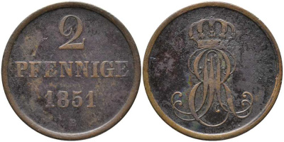 Ганновер 2 пфеннига 1851 В, Эрнст Август (1837-1851) KM 202.1 медь 4448-1055