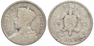 Фиджи 6 пенсов 1935 Георг V (1910-1936), черепаха KM 3 серебро    4606-125
