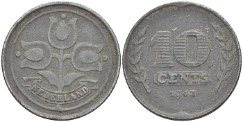 НИДЕРЛАНДЫ 10 ЦЕНТОВ 1942 ВИЛЬГЕЛЬМИНА I (1891-1948), ГЕРМАНСКАЯ ОККУПАЦИЯ, ВТОРАЯ МИРОВАЯ ВОЙНА KM 173 цинк 4548-835