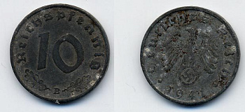 Германия 10 рейхспфеннигов 1941 B KM 101, J. 371 цинк 36-835