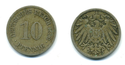 ГЕРМАНИЯ 10 ПФЕННИГОВ 1896 F KM 12, J. 13 медно-никель 54-455