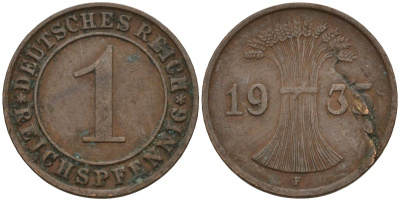 Германия 1 рейхспфенниг 1935 F KM 37, J. 313 бронза 4124-657