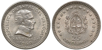 Уругвай 25 сентесимо 1960 KM 40 медно-никель 4169-936