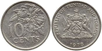 Тринидад и Тобаго 10 центов 1978 цветок гибискуса KM 31 медно-никель 4396-867