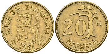 ФИНЛЯНДИЯ 20 МАРОК 1961 S KM 39 алюминиевая бронза 4563-255