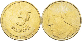 БЕЛЬГИЯ 5 ФРАНКОВ 1988 BELGIQUE KM 163 латунь или алюминиевая бронза 4391-311