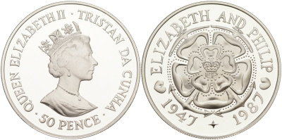 Тристан-да-Кунья 50 пенсов 1987 40 лет свадьбы Елизаветы II и Филиппа (1947-1987), тираж 2000 экз. KM 7 серебро PROOF 1069-3-11
