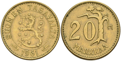 ФИНЛЯНДИЯ 20 МАРОК 1961 S KM 39 алюминиевая бронза 4563-255