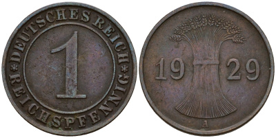 Германия 1 рейхспфенниг 1929 A KM 37, J. 313 бронза 192-959