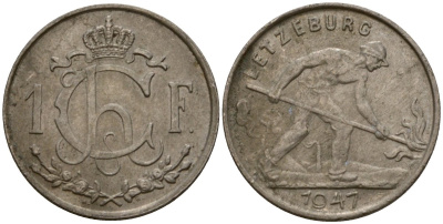 Люксембург 1 франк 1947 Шарлотта (1918-1964), сталевар KM 46.1 медно-никель 4603-1115