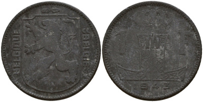 Бельгия 1 франк 1943 Belgique - Belgie, Леопольд III (1934-1947), германская оккупация, Вторая мировая война KM 127 цинк 4161-517