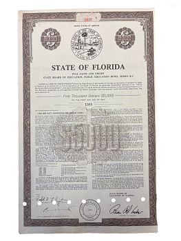 State of Florida Full Faith and Credit Education Bond, Series B-2, $5000 (1978/1989) / американская облигация штата Флорида номиналом 5000 долларов, выпущенная для финансирования образовательных программ. Серия B-2,  1989 5553-9