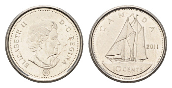 Канада 10 центов 2011 Leaf, Елизавета II (1952-2022), парусник KM 492 сталь плакированная никелем UNC 4689-629
