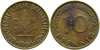 ФРГ 10 ПФЕННИГОВ 1966 F KM 108, J.383 сталь плакированная латунью 98-414