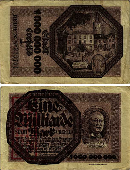 КРЕФЕЛЬД, ГЕРМАНИЯ 1000000000 МАРОК 1923 НОТГЕЛЬД, ЗЕМЛЯ СЕВЕРНЫЙ РЕЙН-ВЕСТФАЛИЯ, 10 СЕНТЯБРЯ 1923 ARNOLD KELLER 912 z бумага 8518-46-1-1