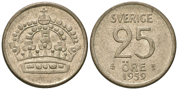Швеция 25 эре 1959 TS, Густав VI Адольф (1950-1973) KM 824 серебро 4615-1025