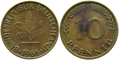 ФРГ 10 ПФЕННИГОВ 1966 F KM 108, J.383 сталь плакированная латунью 98-414
