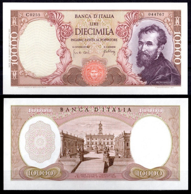 Италия 10000 лир 1966 Микеланджело Pick 97 c бумага aUNC 451-1093-2