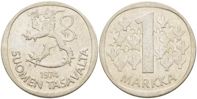 ФИНЛЯНДИЯ 1 МАРКА 1974 S KM 49а медно-никель 3718-1243