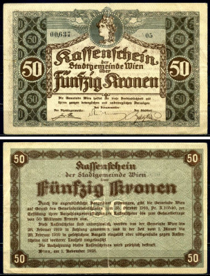 Австрия, Вена 50 крон 1918 1 ноября 1918, нотгельд Ri.29c бумага 6293-16-2-2