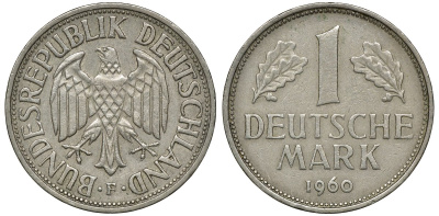 ФРГ 1 МАРКА 1960 F J 385, KM 110 медно-никель 72-657