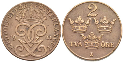 Швеция 2 эре 1941 Густав V (1907-1950) KM 778 бронза 119-1031