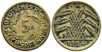 ГЕРМАНИЯ 5 РЕЙХСПФЕННИГОВ 1924 F KM 39, J. 316 алюминиевая бронза 39-529