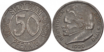 Германия, Бонн 10 пфеннигов 1920 Бетховен, Северный Рейн-Вестфалия, нотгельд Funck 51.1A железо 3856-1035