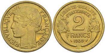 ФРАНЦИЯ 2 ФРАНКА 1939 ТИП MORLON KM 886, LE FRANC 268.12 алюминиевая бронза 3855-126