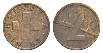 Швейцария 2 раппена 1952 B KM 47 бронза 4630-649