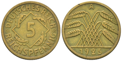 Германия 5 рейхспфеннигов 1925 A KM 39, J. 316, Weege 7 алюминиевая бронза 4385-641