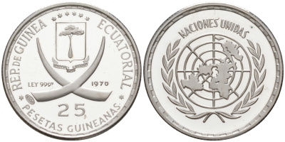 Экваториальная Гвинея 25 песет 1970 Организация Объединённых Наций KM 6 серебро PROOF 1523-424