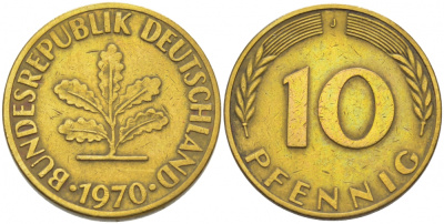 ФРГ 10 ПФЕННИГОВ 1970 J KM 108, J.383 сталь плакированная латунью 3718-742