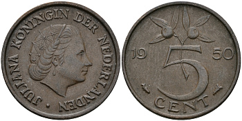 НИДЕРЛАНДЫ 5 ЦЕНТОВ 1950 ЮЛИАНА KM 181 бронза 95-237